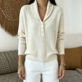 thumbnail image 2 of BODOAO Women's Cable Knit Sweater with Shawl Collar Long Sleeve Henley Pullover with 3 Button Neck Ribbed Cuffs and Hem Relaxed Cable Knit Sweater Top Women's Pullover Beige L, 2 of 4