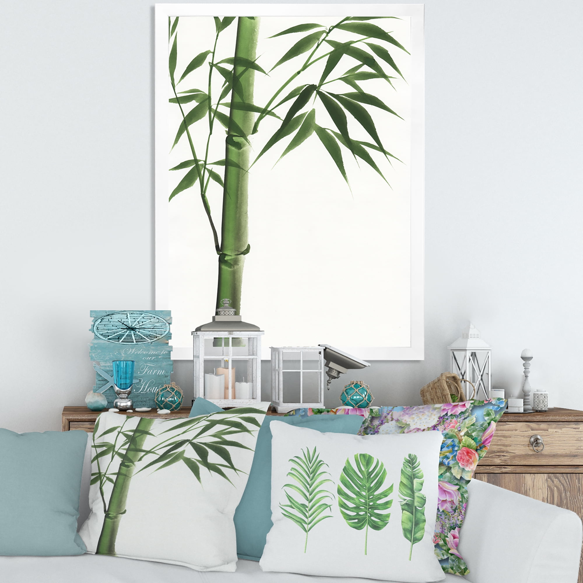 Designart 'Detail Of Dark Green Bamboo On White III' Traditional Framed Art Print