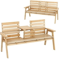 QISHENSHUI Outdoor Fir Wood Bench with Foldable Middle Table, 2-3 Person Garden Bench with Backrest and Armrests, 710 lbs Weight Capacity, Slatted Seat Bench for Porch, Patio, Backyard