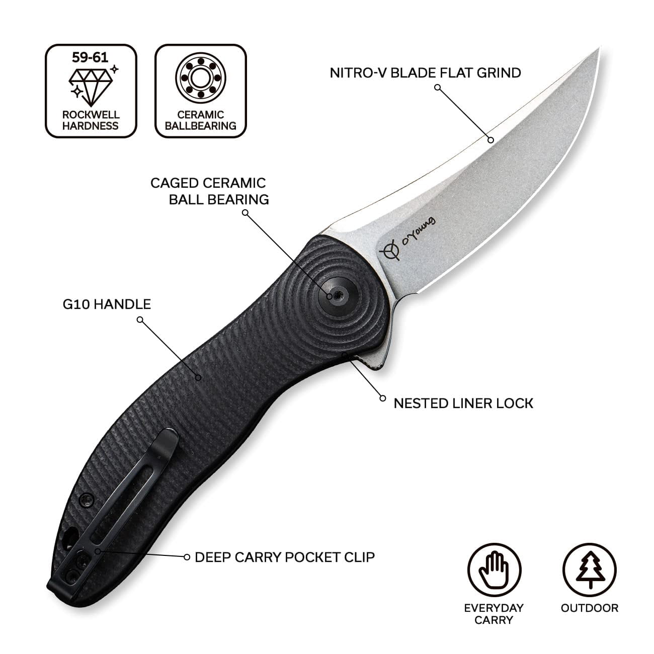 CIVIVI Pocket Folding Knife, 3.24" Nitro-V Stonewashed Trailing Point Blade, Jim O’Young Synergy 3 Liner Lock Knife C20075A-1