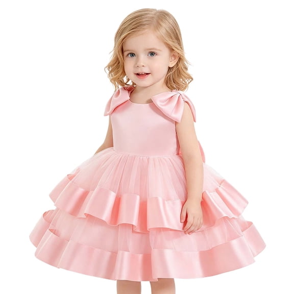 JAJAHO Flower Girl Satin Dress With Bow Design Sleeveless Mesh Layered Puffy Wedding Birthdary Gown 6M-3Y