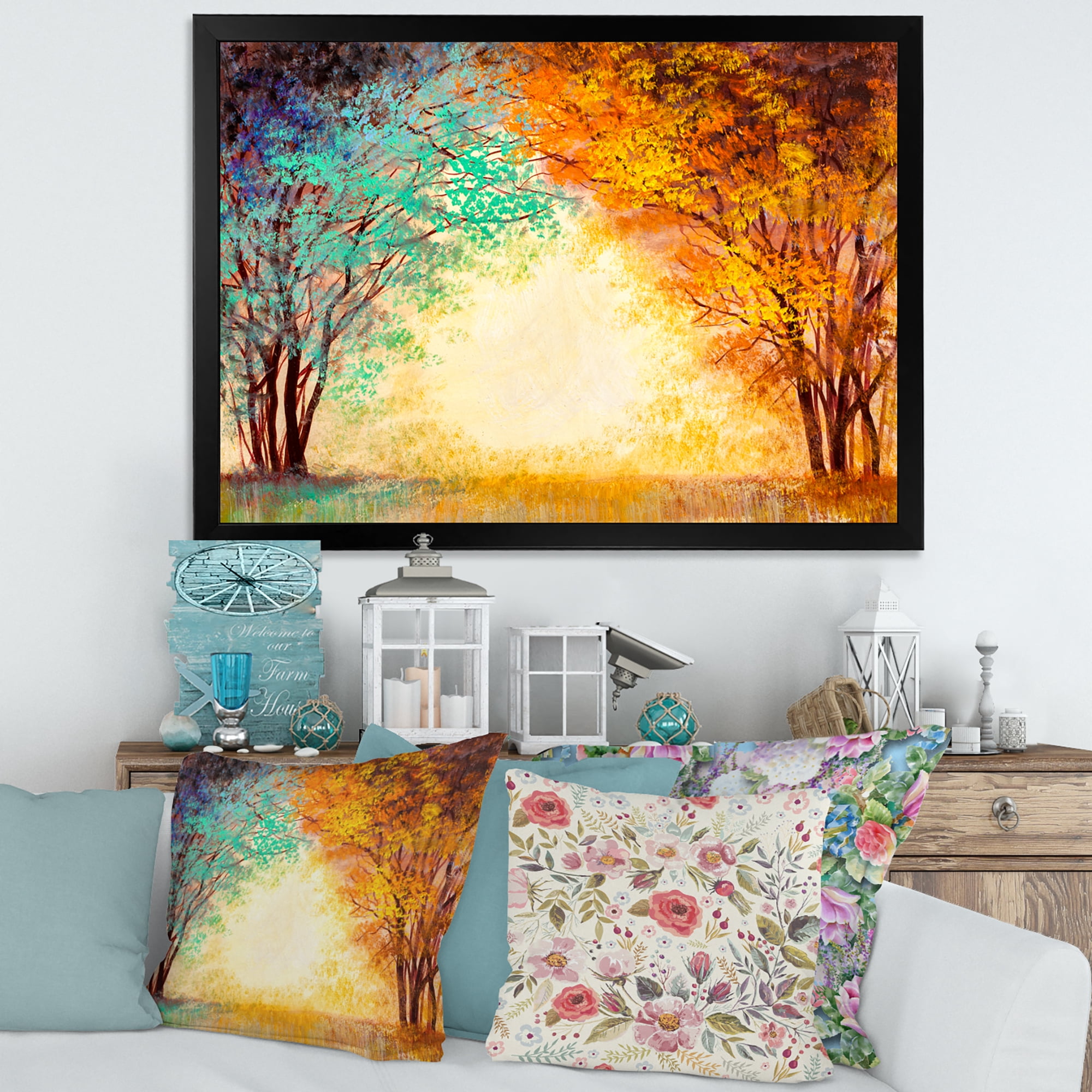 Designart 'Alley Through The Turquise Park In Autumn Sunset ' Traditional Framed Art Print