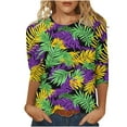 thumbnail image 2 of Cavosen Carnival Day Womens Tops 3/4 Length Sleeve Holiday Mardi Gras Crewneck Shirts Mask Graphic Print Blouse Festival Trendy Tops Loose Athletic Tees Party Shrove Tuesday Green L, 2 of 5
