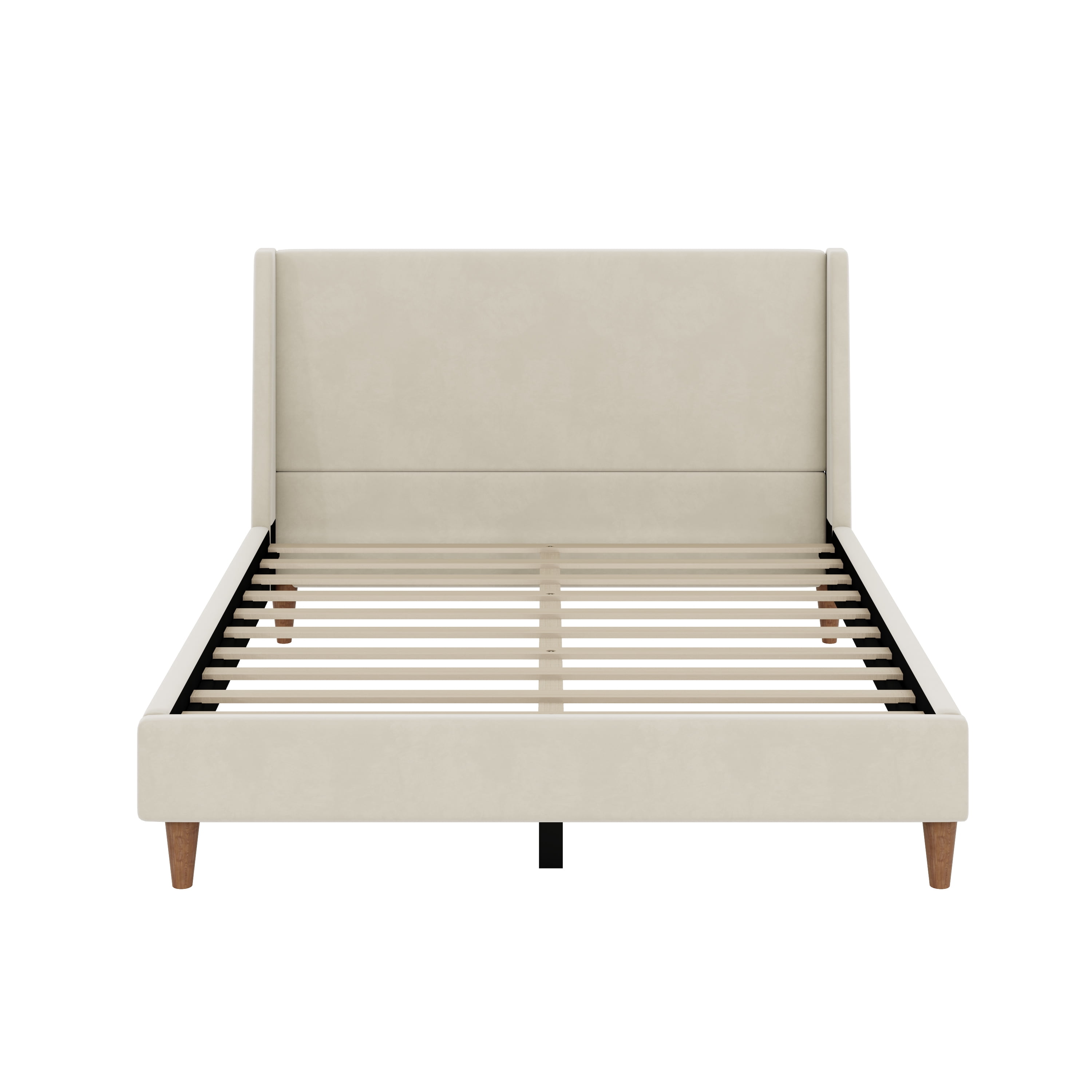 Euroco Upholstered Queen Size Platform Bed, Velvet Bed with Wingback Headboard, Beige