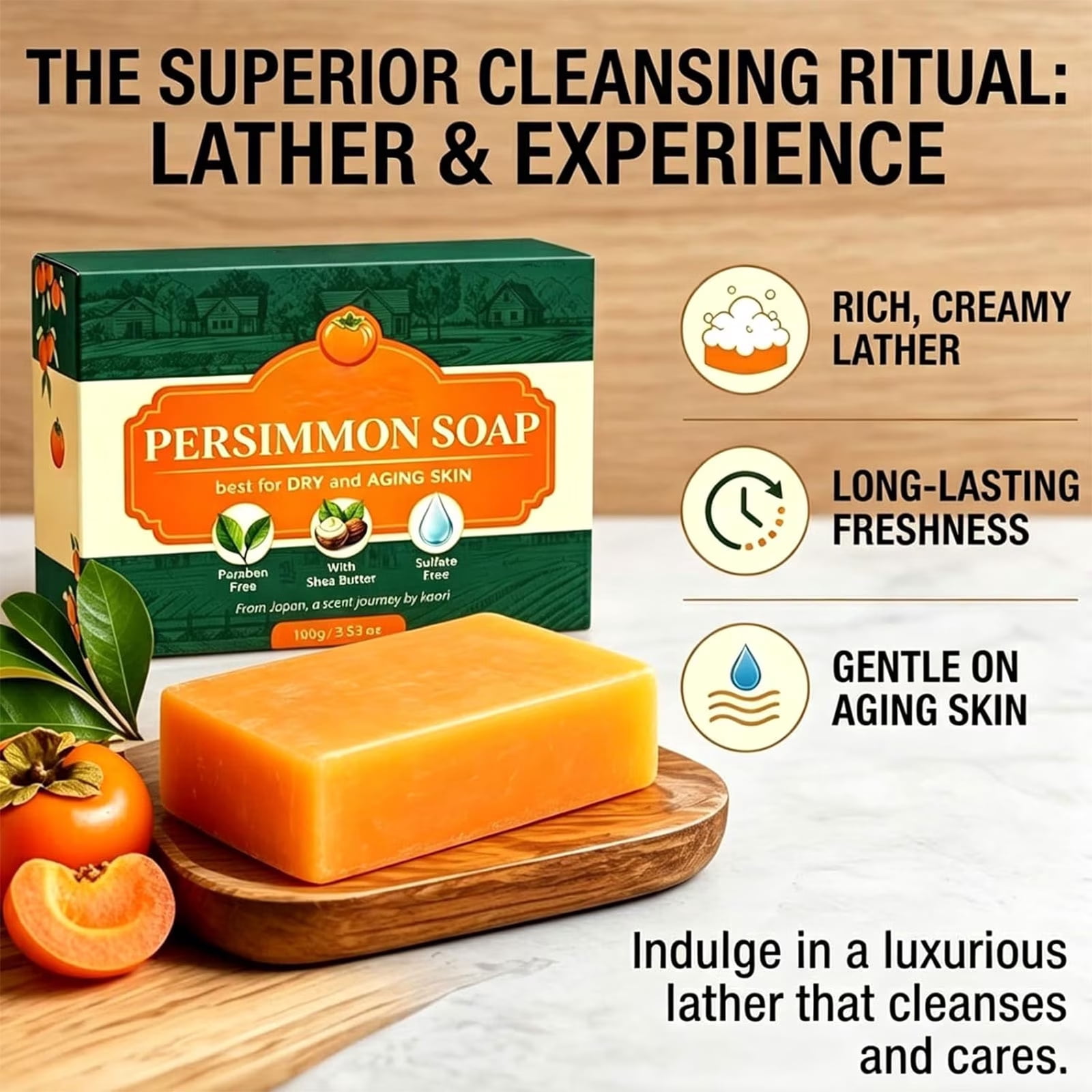 kaori Persimmon Deodorizing Cleansing Soap—a natural deodorizing bath soap; formulated with Japanese persimmon and green tea extracts to gently care for the skin of both men and women (single bar).
