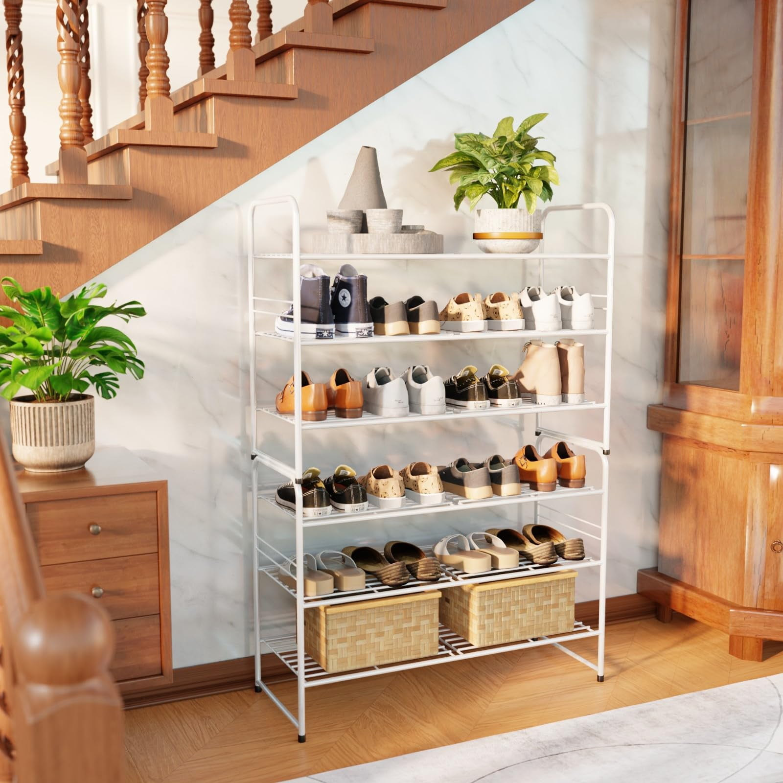 3-Tier Metal Shoes Rack for Closet, 33" Wide Shoe Storage Organizer,  White