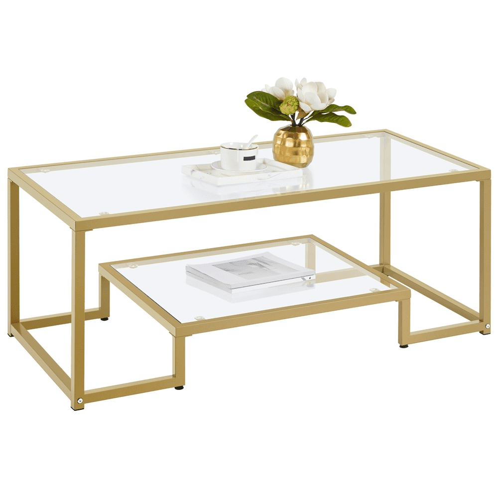 Alden Design Modern Storage Tempered Glass Iron Coffee Table, Gold