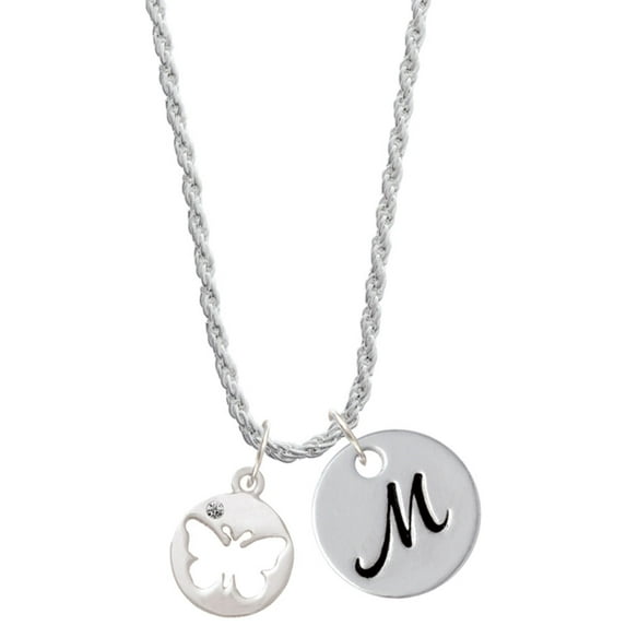 Delight Jewelry Silvertone Butterfly Silhouette Silvertone Script Initial Disc - M - Charm Necklace, 20"+3"