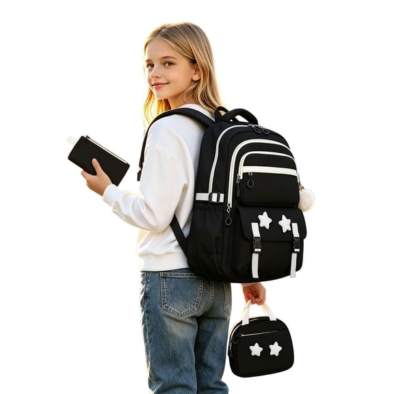 Weebloom Large School Backpack With Lunch Box Pencil Case For Kids Boys Girls Cute 3Pcs School Bags Set Daypack Bookbag Elementary Middle High School Black