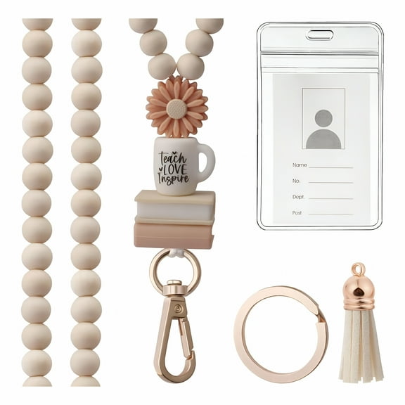VANIDO Wooden Lanyard ID Badges Teacher Lanyard with ID Holder Boho Style Keychain Beaded Lanyard Natural Wood Bead Pendant