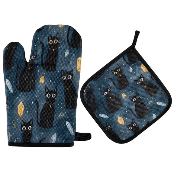 2 PCS Oven Baking Gloves Set Heat Resistant Oven Mitt & Pot Holder Set Cooking Mitts Kitchen Home Supplies Black Cats and Mystical Symbols