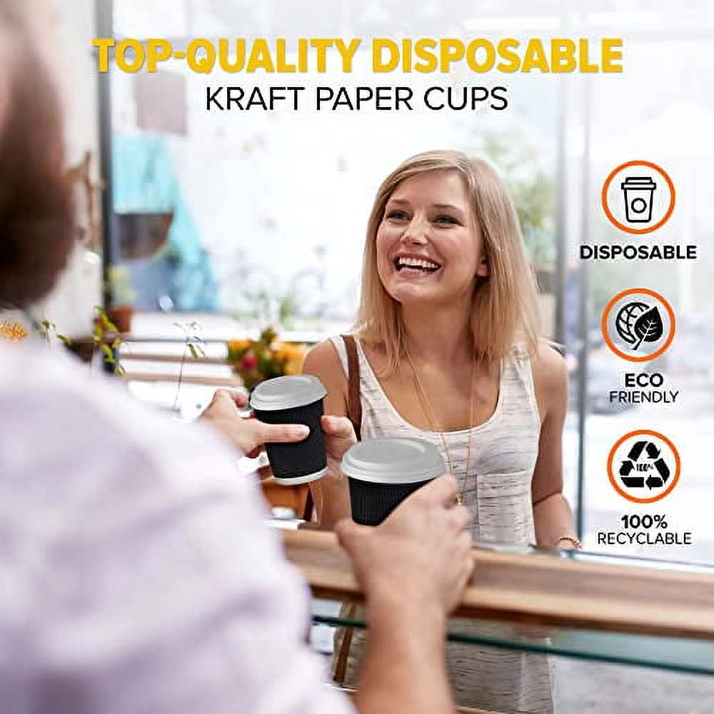 100 Pack 8 Oz Insulated Disposable Coffee Cups With Lids - Thick Corrugated To-Go Cups For Hot & Cold Drinks