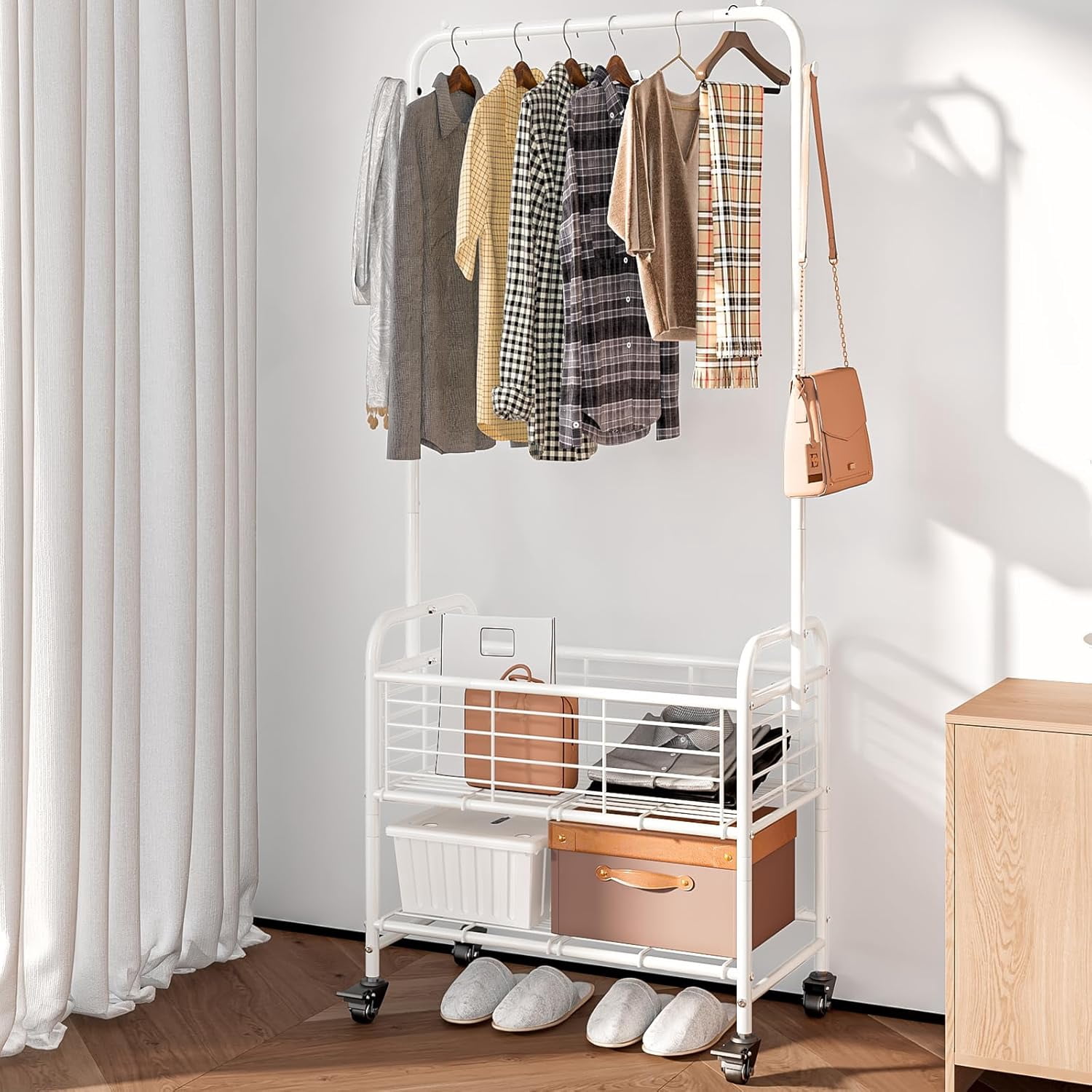 Laundry Basket with Wheels Rolling Laundry Hamper Laundry Sorter Cart Shelf Hanging Rack,White