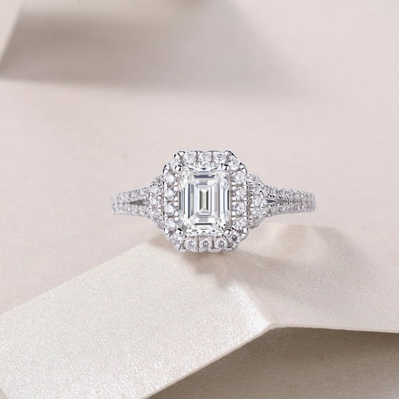 Hitanshu Jewels Emerald Cut Cubic Zirconia Halo Women's Engagement Ring 14k White Gold Finish