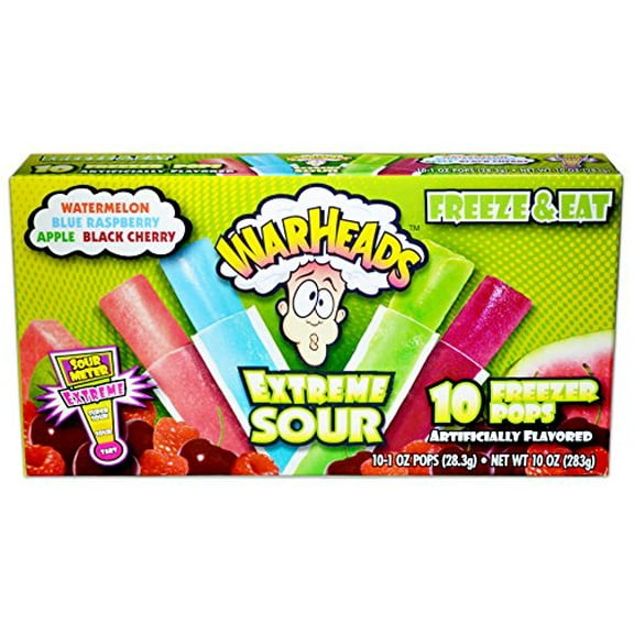 Warheads Extreme Sour - Single Box - 10 Freezer Popsicles - Flavors: Watermelon, Blue Raspberry, Apple, Black Cherry