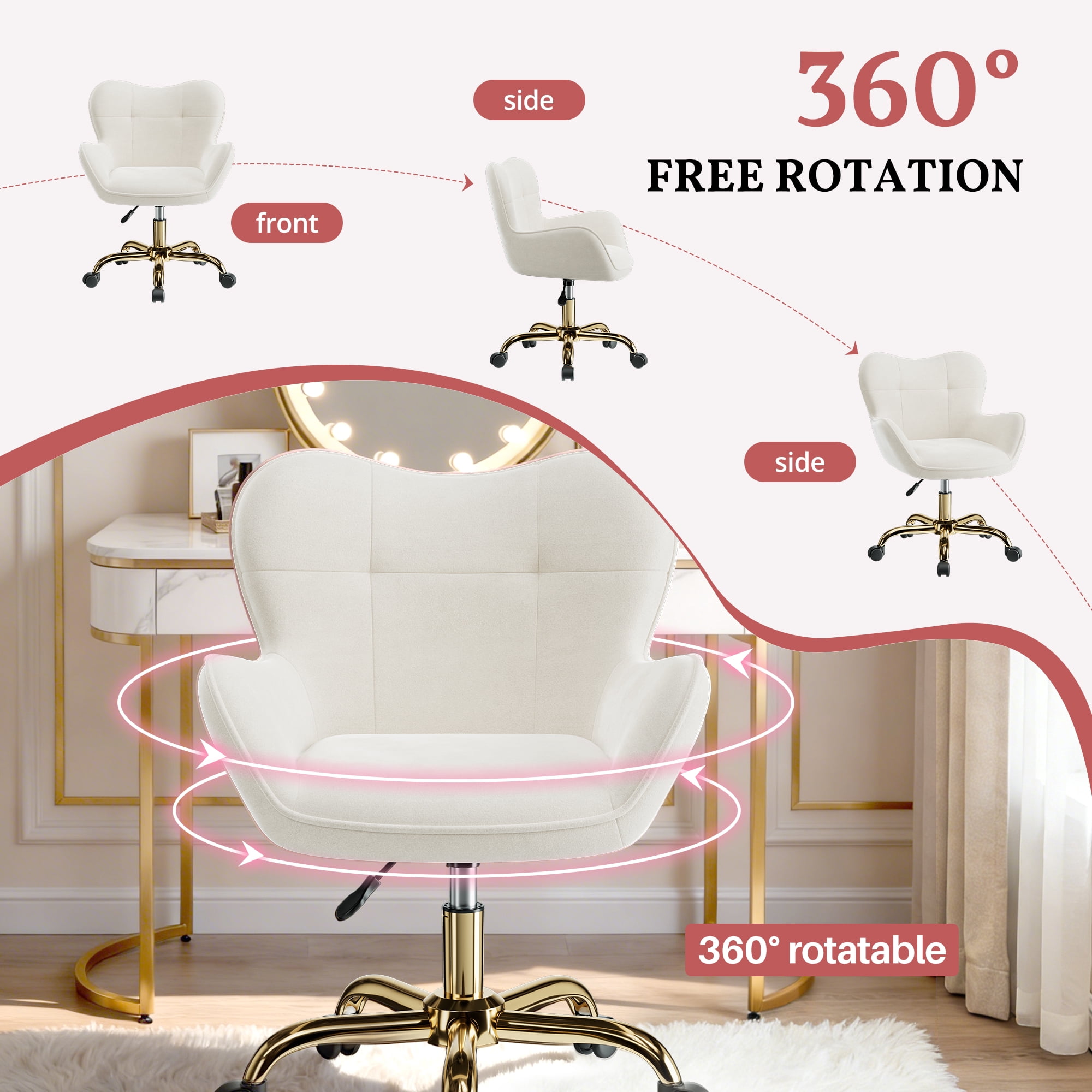 Primy Vanity Chair with Wheels, Home Office Chair Cute Makeup Desk Chairs Adjustable Height for Bedroom, Modern Accent Chair with Back
