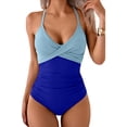 thumbnail image 5 of Women's One Piece Swimsuits Tummy Control Front Cross Bathing Suits Tie Back Slimming V Neck Solid Color Swimwear Sky Blue XL, 5 of 6