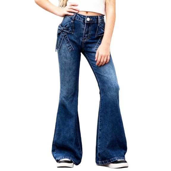Sweet & Edgy Flare Jeans for Teens High-Stretch Slim-Fit Pants with 3D Bow Detail Schoolwear for Girls (Ages 8-14) Flattering Straight Legs Slightly Flared Design Multiple Colors Available,130,Blue