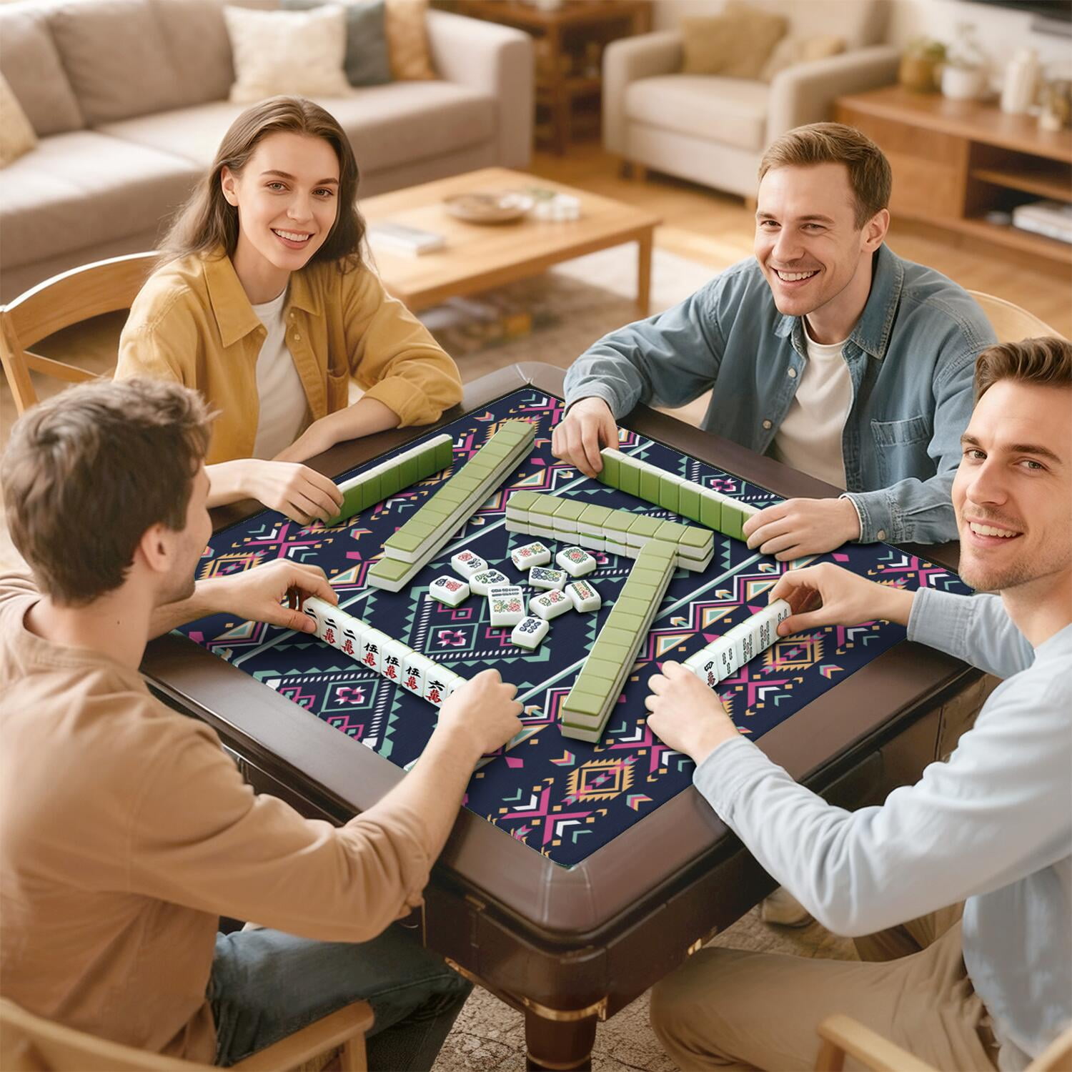 Classic Boho Pattern Non-Slip Game Room Mat 31.5 Inch Square Rubber Mahjong Playing Surface with Noise Dampening for Card Games and Board Game Nights