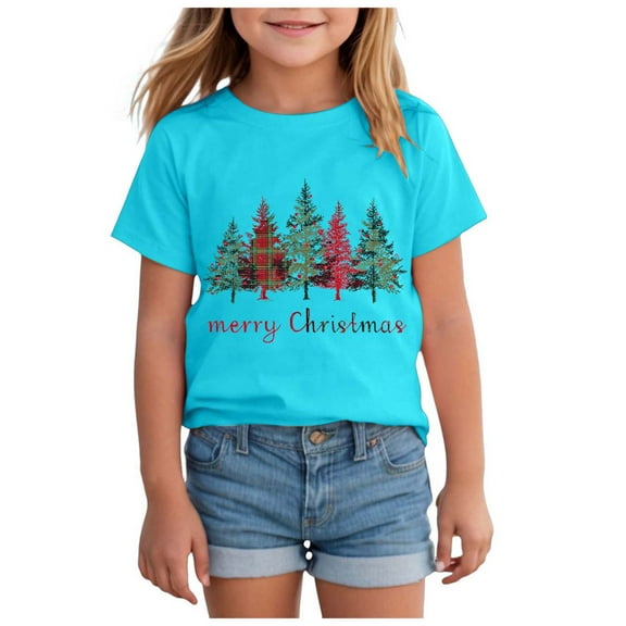 Ulanda Toddler Boys Girls Christmas Shirt Kids Xmas Tshirt Cotton Short Sleeve Tee Top (Light Blue, 2-3 Years)