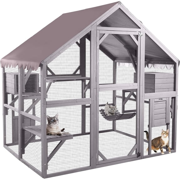 Aivituvin Large Catio Outdoor Cat Enclosure Window Design for 6-10 Cats, 74" H Walk-in Patio Cat House with 4 Access Doors, Waterproof Roof, Spacious Kitty Cage for Multiple Indoor Outdoor Cats