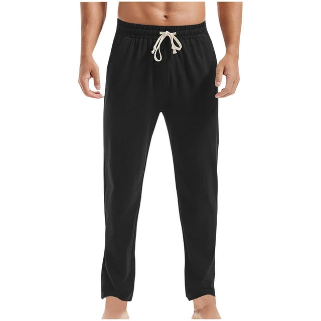 AherBiu Mens Casual Pants Drawstring Stretch Sweatpants Elastic Waist Solid Color Workout Gym Running Long Pants