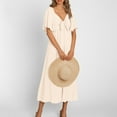 thumbnail image 4 of Lovskoo Summer Dress for Women 2024 Casual Short Sleeve Bow Tie V Neck Ruffle Midi Flowy Dresses Beige S, 4 of 9