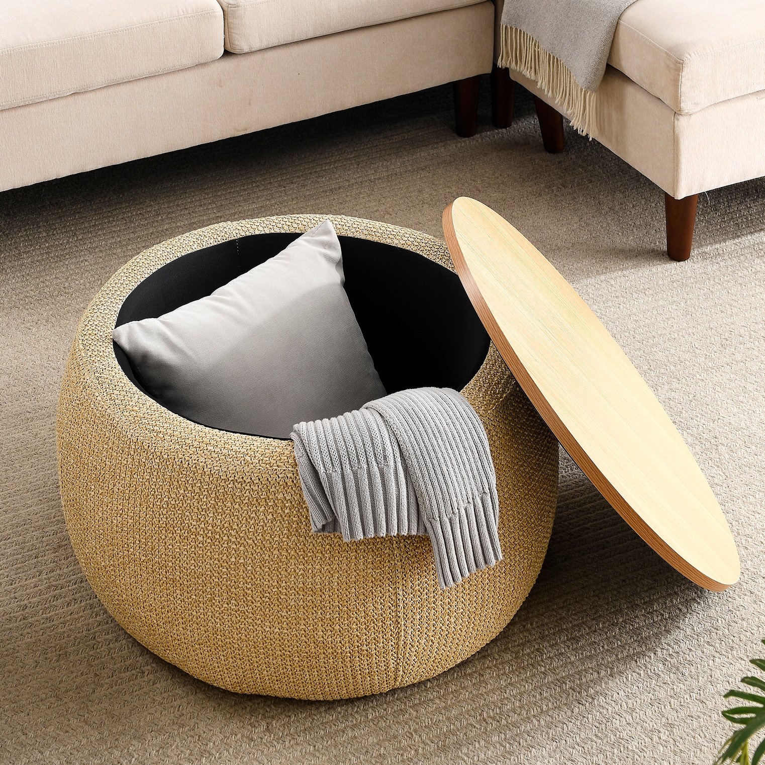Tcbosik 25.5inch Storage Round Ottoman, End Table with Wood Lid, Footstool for Home Office Living Room, Natural