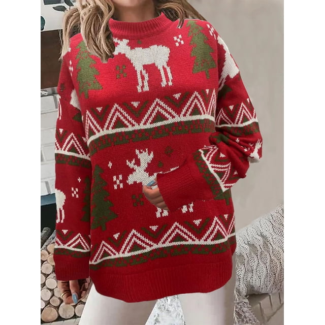 Suéter navideño de punto con capucha y manga larga cálida para mujer para otoño e invierno