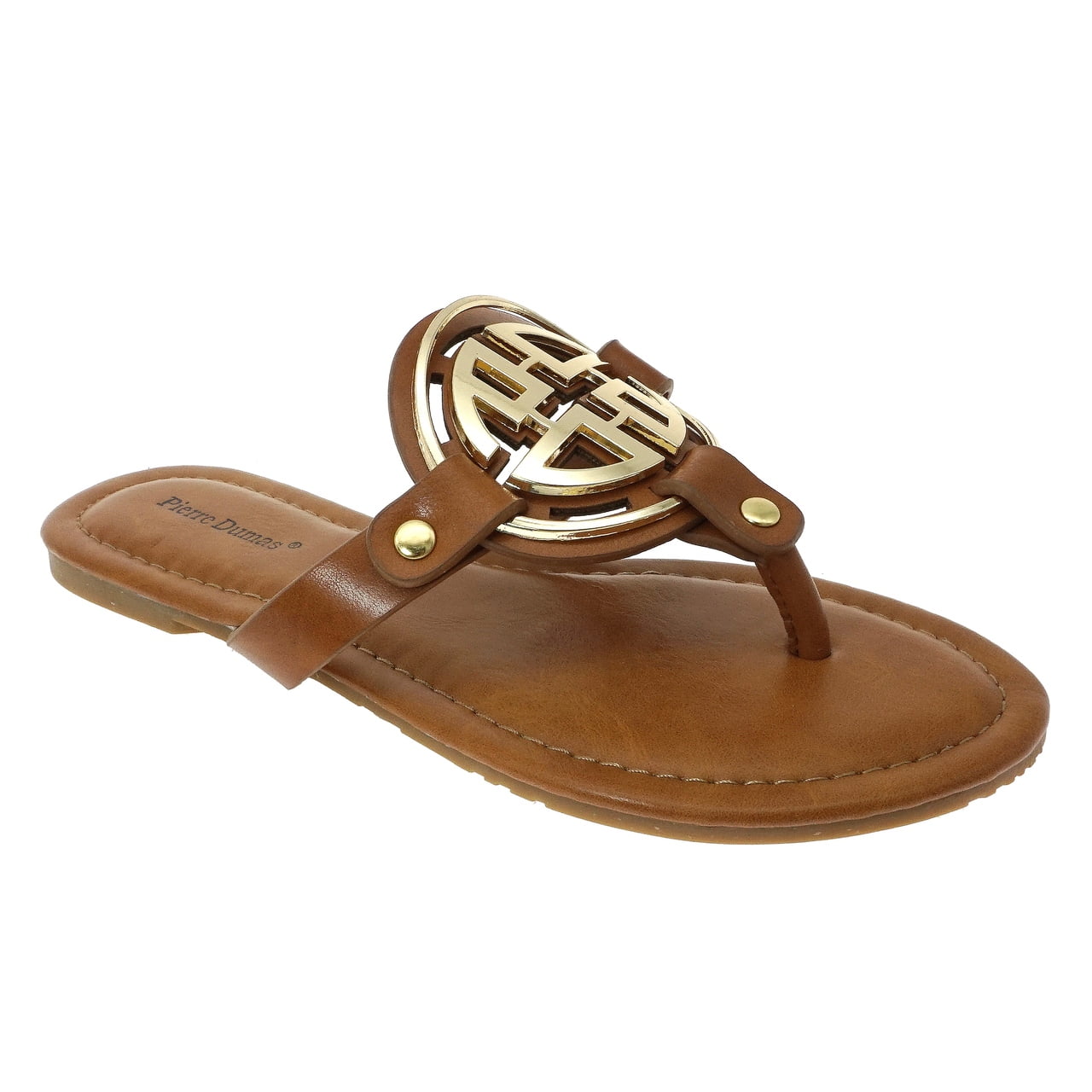 Pierre Dumas Women's Thong Sandal Limit-24 New Tan With Gold Medallion ...