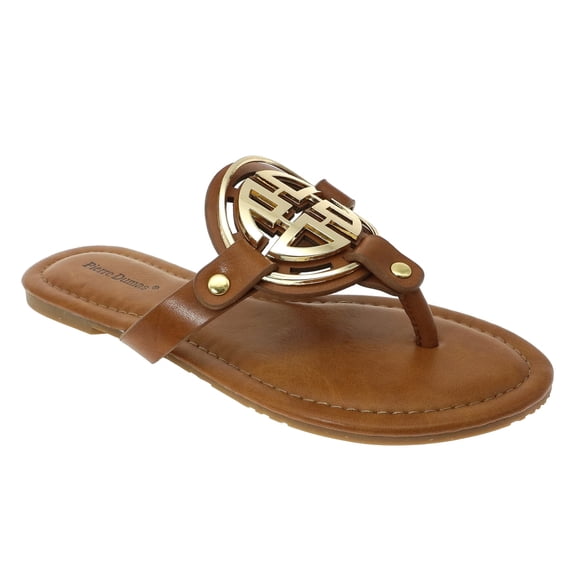 Pierre Dumas Womens Limit-24 Chic Medallion Slip On Sandals- New Tan/Gold (7)