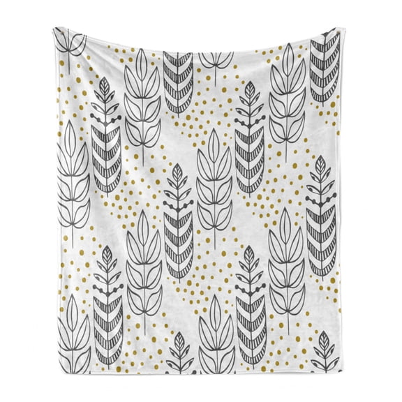 Ethnic Soft Flannel Fleece Throw Blanket, Hand Drawn Style Herbs Leaves in Style with Dots, Cozy Plush for Indoor and Outdoor Use, 50" x 70", Khaki Grey and White, by Ambesonne