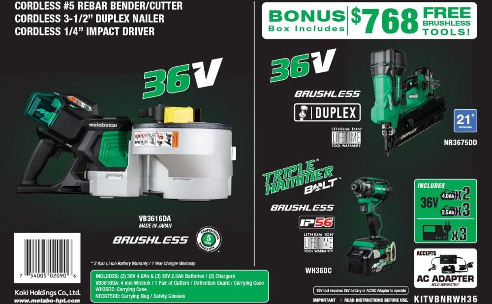 Metabo Hpt 36V Multivolt Portable Rebar Bender/cutter With Duplex Nailer And Triple Hammer Bolt Impact Driver Kit Bundle