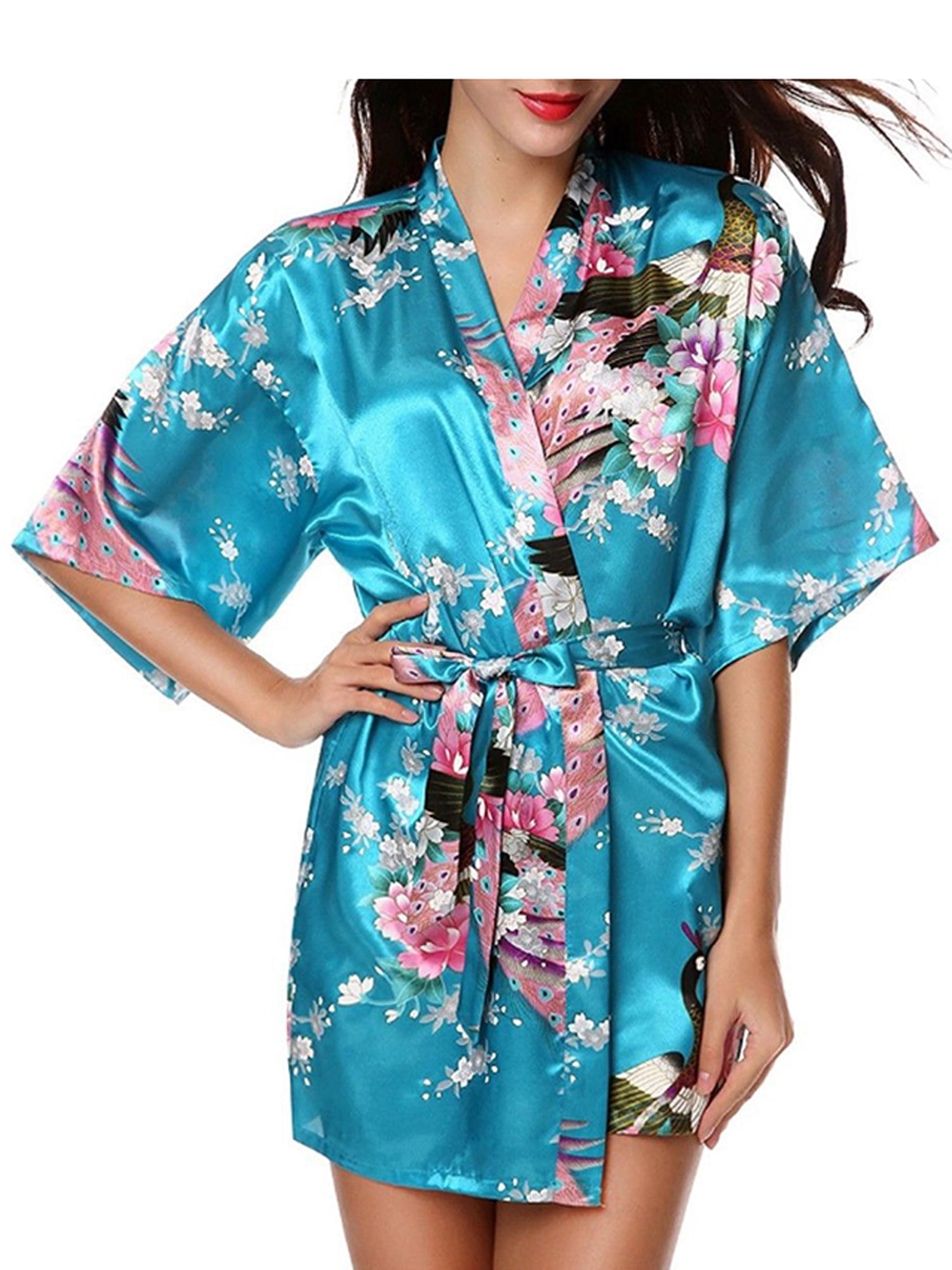 Breezy Blue & Grey Patterned Silk Kimono Dress Getting Ready Robe Bridal Robe Wedding Robe Nightwear Dressing Gown Bridesmaid Gift