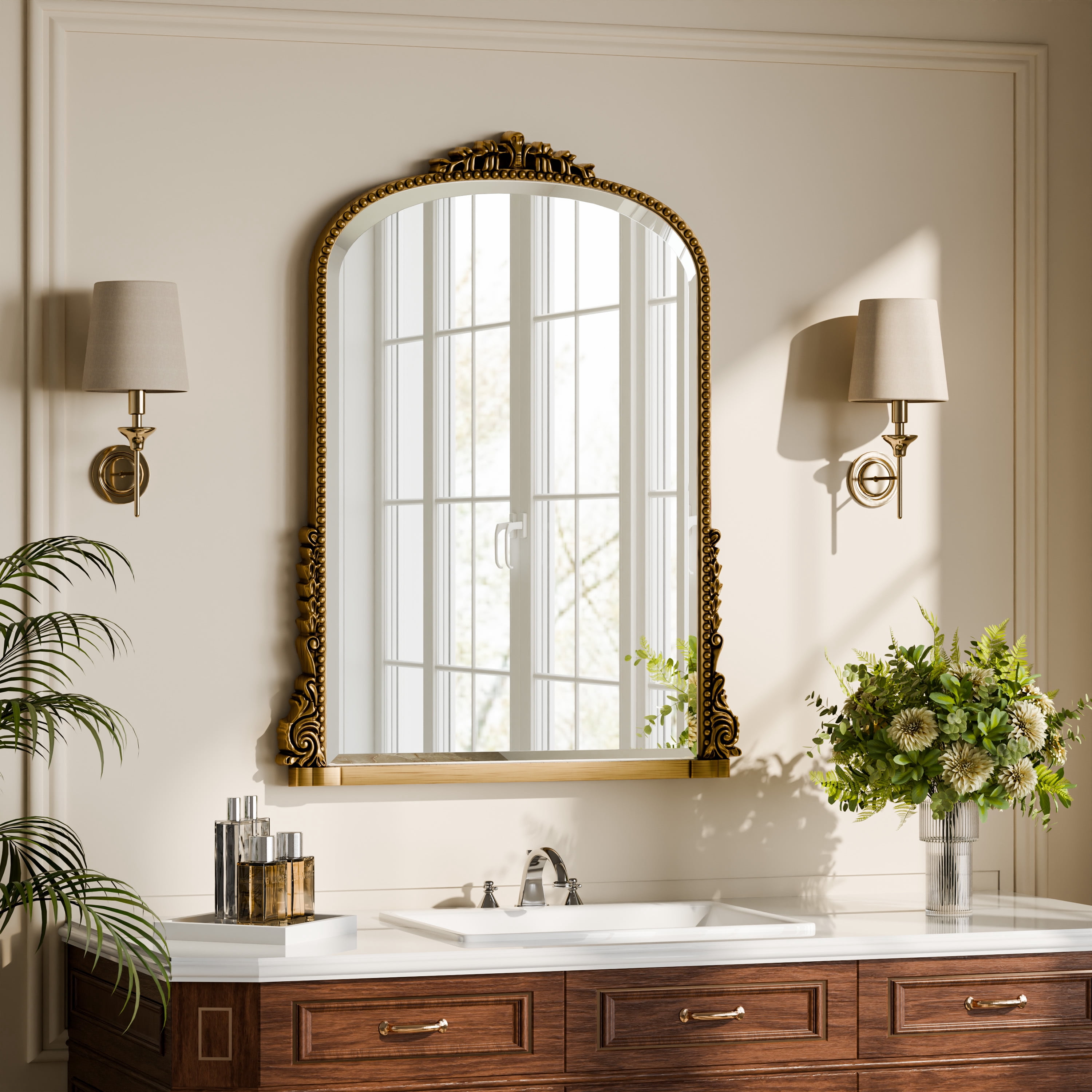GRAHMCY 32"x 24" Arched Bathroom Mirror Hanging Vanity Mirror Decor Wall Mirror, Antique Gold