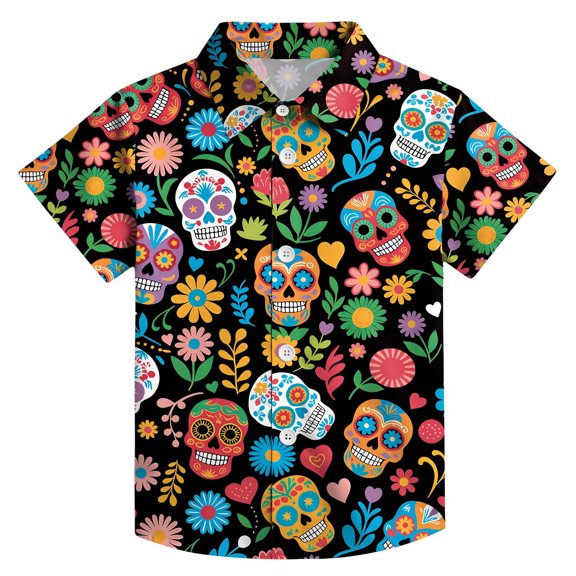 Tiijoy Boys Short Sleeve Button Down Shirt Skeleton Floral Beach Shirt, Black, Sizes 3-13