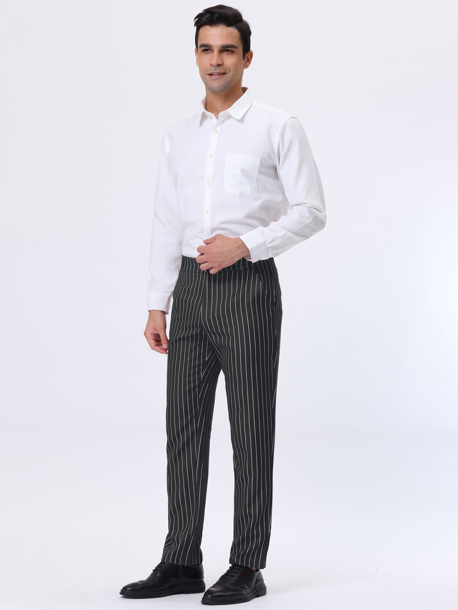 Unique Bargains Men's Striped Dress Pants Straight Fit Color Block Office Suit Trousers 28 Black