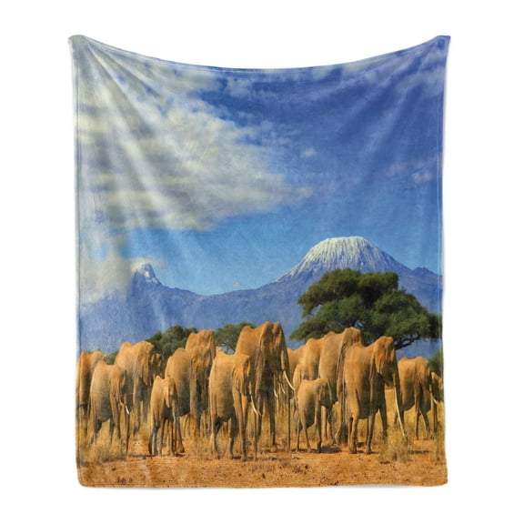 Snow Mountain Soft Flannel Fleece Throw Blanket, African Herd Passing by Snow-capped Mount Kilimanjaro, Cozy Plush for Indoor and Outdoor Use, 50" x 70", Azure Blue and Multicolor, by Ambesonne