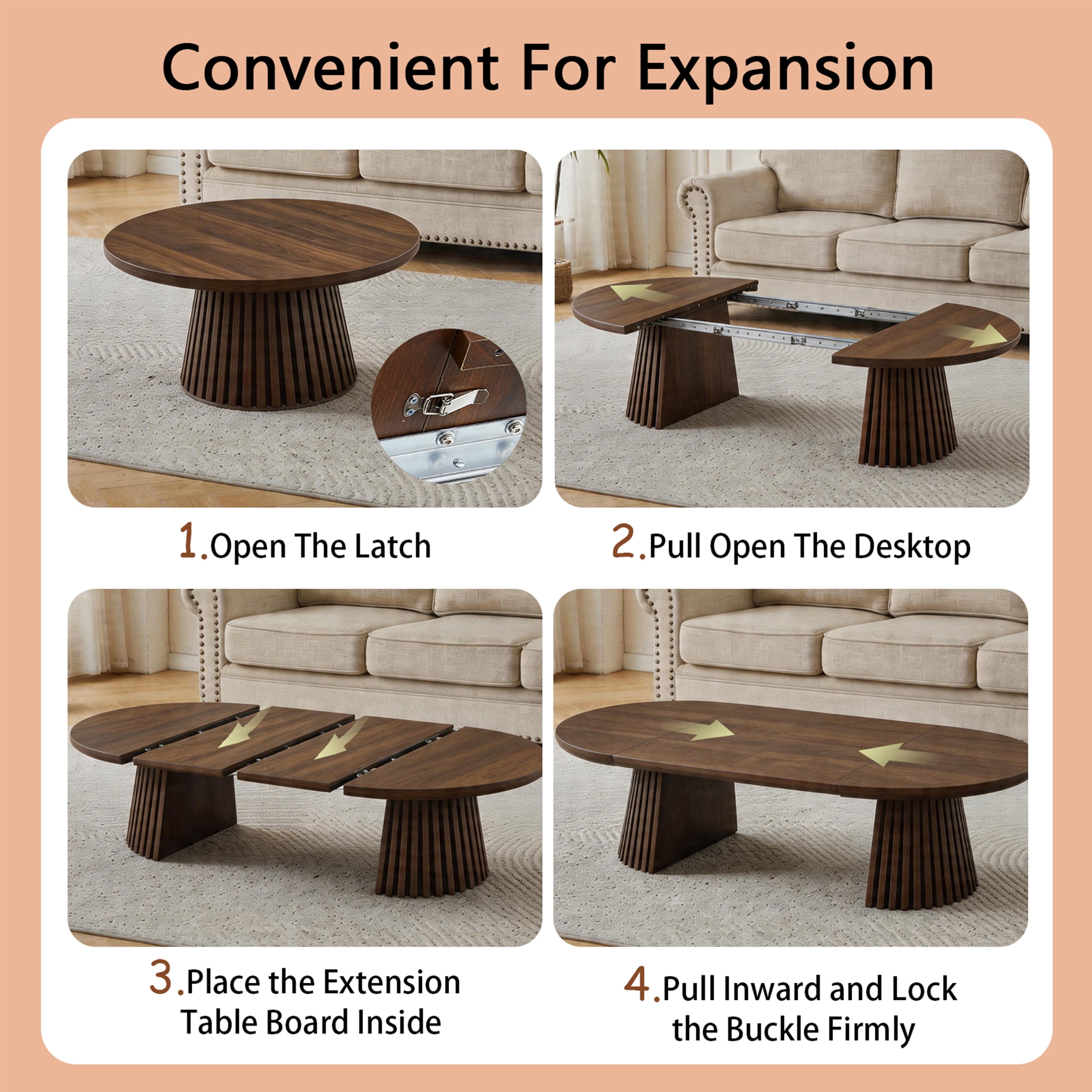 Extendable Round Coffee Table 55.12 Inch, Walnut Wooden Oval Table with Slatted Legs for Living Room Office, Walnut