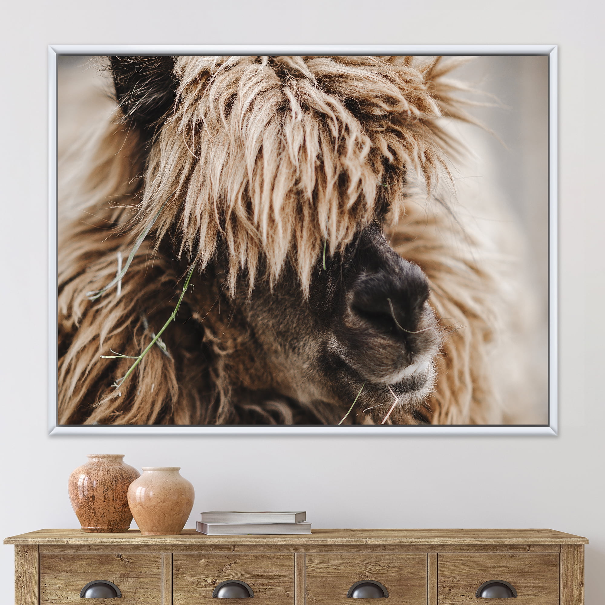 Close Up Of Fluffy Curly Alpaca 32 in x 24 in Framed Photography Canvas Art Print, by Designart