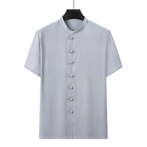 pstuiky Camisas de manga corta para hombre, Camisa informal de manga corta con cuello alto, cómoda y lisa para hombre camisas casuales para hombre s