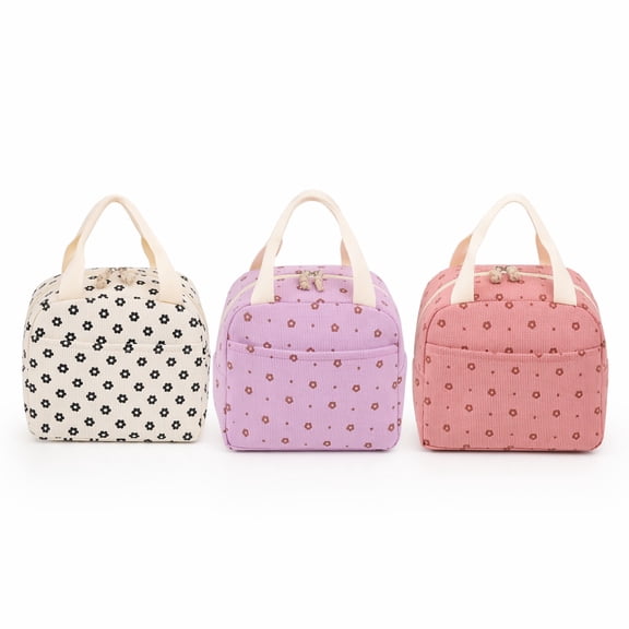 3 Pack Printed Corduroy Lunch Bags, Portable Handheld Thermal Insulated Cooler Tote, Waterproof Food Storage Bento Carrier for Office Commute