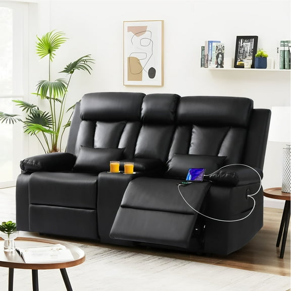 Power Reclining Loveseat with Console, Loveseat Recliner, PU Leather Loveseat with USB, Type C Port, Side Pockets, Cup Holders, Wall Hugger Couch for Living Room (Black, Loveseat w/Console)