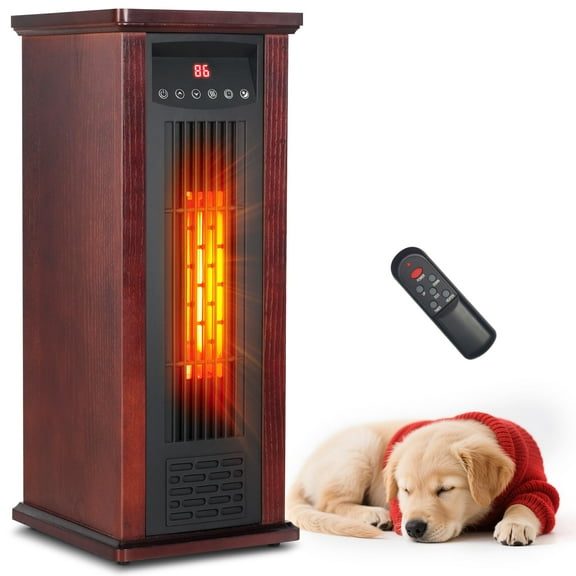 1500W Electric Infrared Space Heater, Quartz Heater for Indoor Use, Tip-Over & Overheat Protection with Remote Control, 3 Heat Settings, 12H Timer for Large Room Basement, Dark Walnut