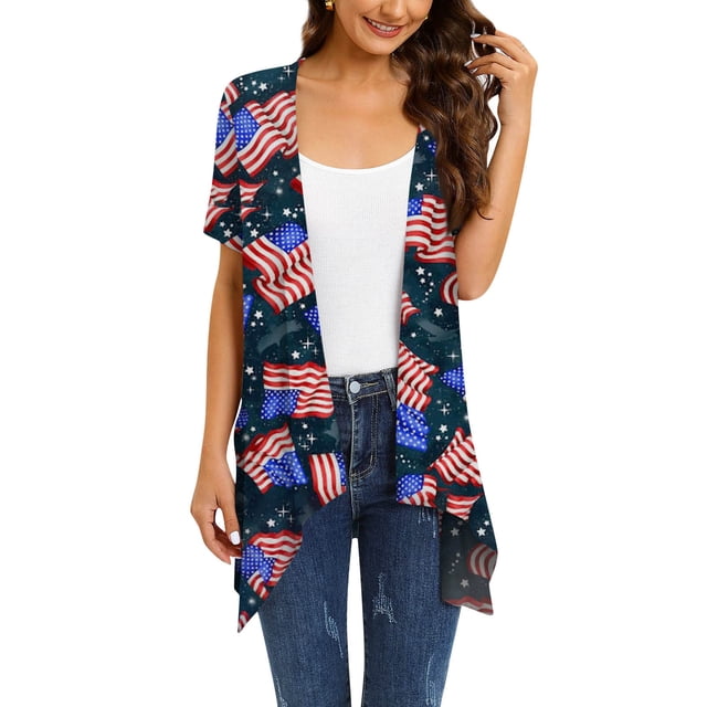 Lenago Summer Plus Size Crop Tops for Women Casual Printed Short Sleeve Cardigans Drape Open Front Lightweight Summer High Low Hem Tops 4th of July Outfits for Women