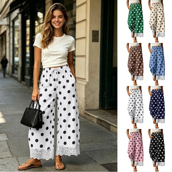 Elvqul Womens Elastic Waist Pants Winter Vintage Sweatpants with Pockets Polka Dot Bottoms for Women Loose