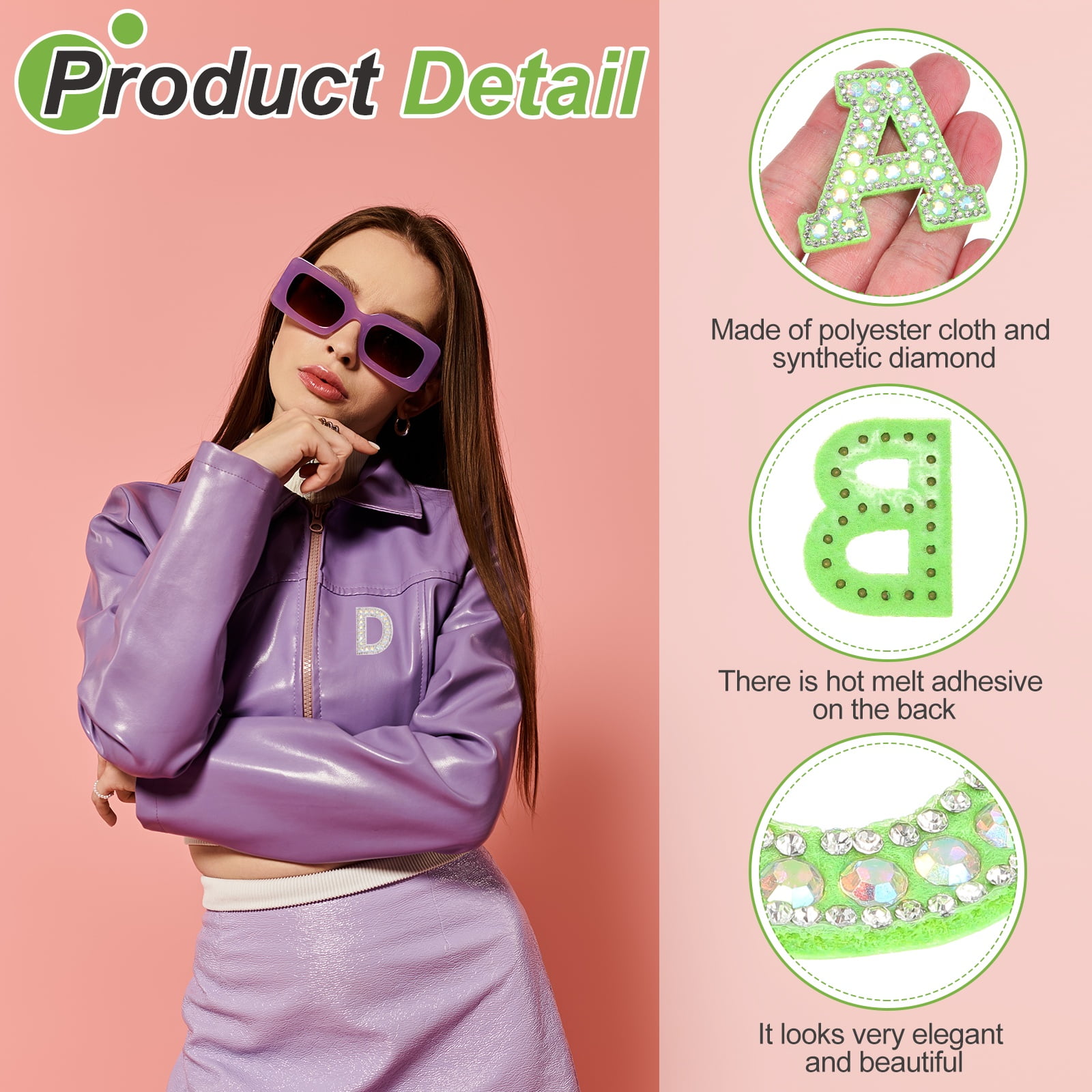 Uxcell 26pcs Letter Iron on Patch Decorative A-Z, Green Glitter Pearl Alphabet Applique Rhinestone English Letter for DIY Clothing Repair Hat Bag