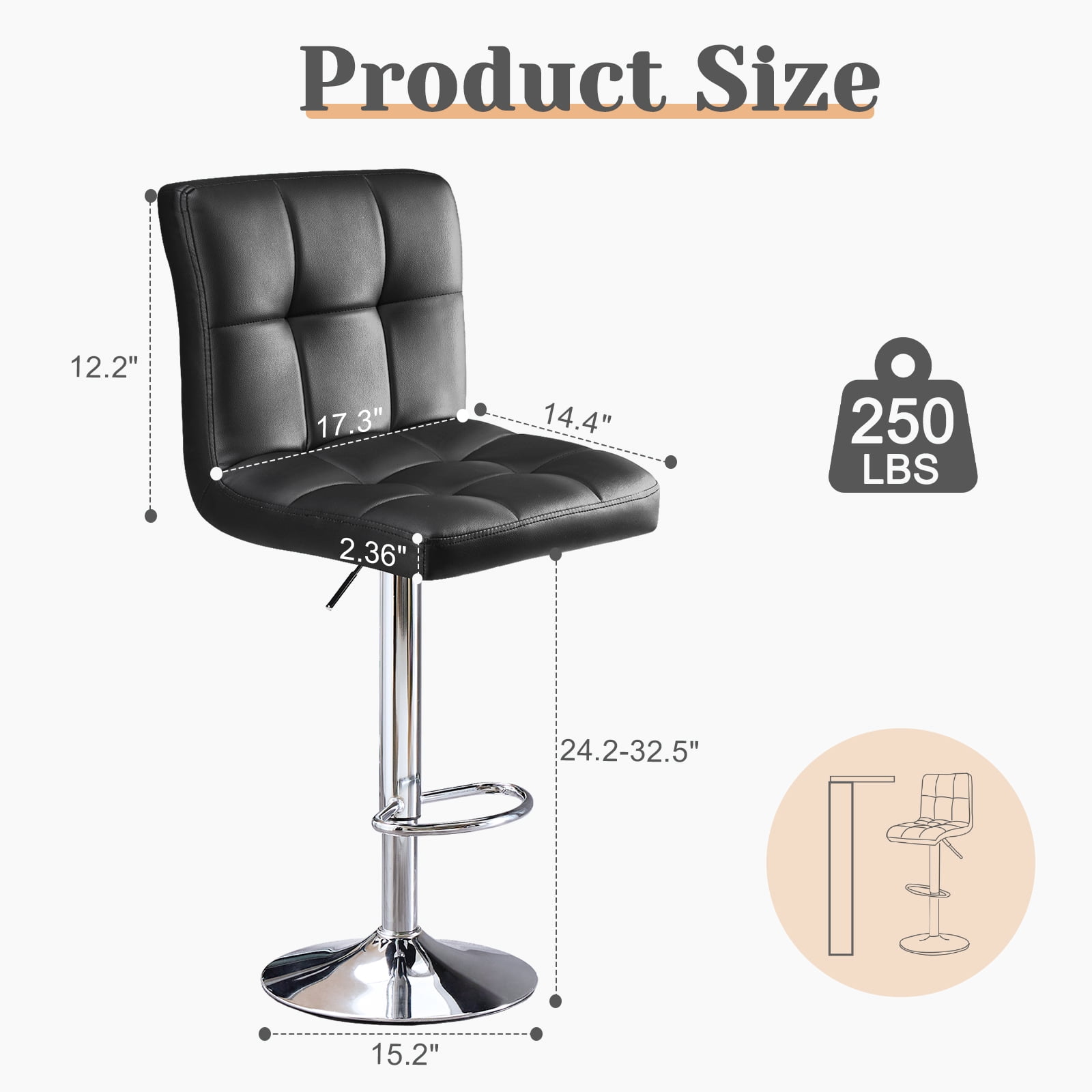 Bar Stools Set of 2, Adjustable PU Leather Barstools with Back, Swivel Armless Counter Height Chairs for Kitchen Island & Dining Room, Black