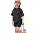 thumbnail image 2 of CPNG Girls Two Piece Sets Kids Solid Color Round-Necked Short Sleeve T-shirt and Elastic Waist Tight Shorts Summer Outfits(Black,2-3 Years), 2 of 6
