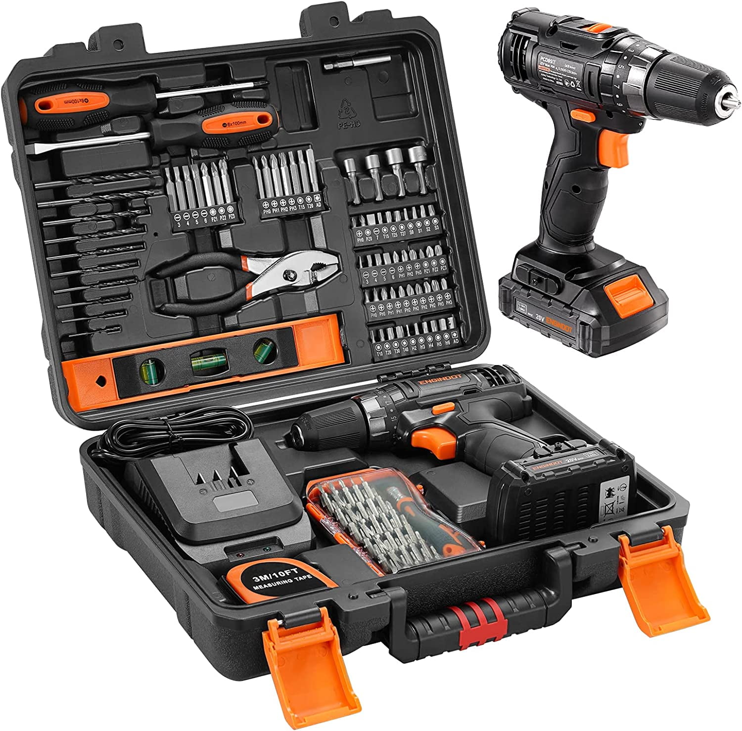 ENGiNDOT 20V Cordless Drill and Home Tool Set, 108 Piece Power Tool Combo Kits with Driver